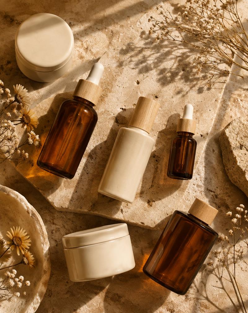 Skincare bottles on travertine