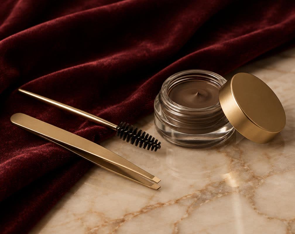 Brow tools and pomade on velvet and marble