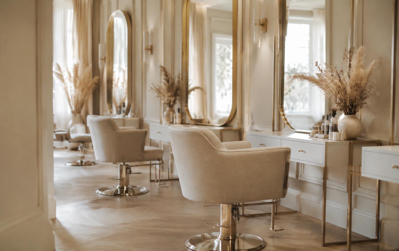 Salon styling stations with gold-framed mirrors